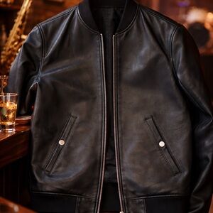 The Kooples Black Leather Bomber Jacket